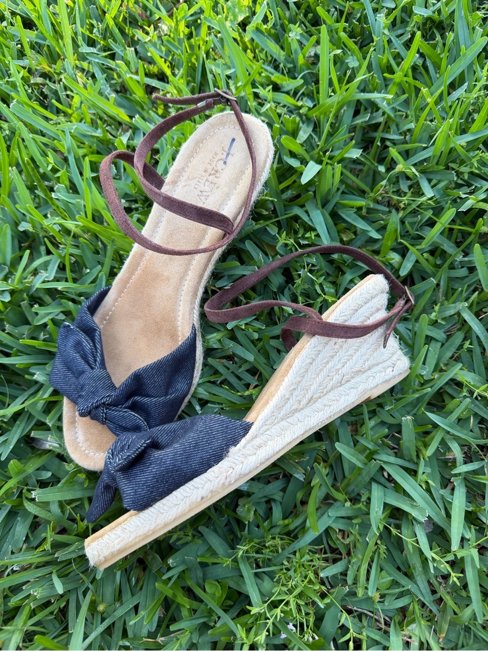 J.Crew St Tropez Denim Bow Jute Espadrille Wedge Sandals Size 8 Boho Coastal